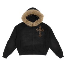 Load image into Gallery viewer, Black Sun Fade Boxy Hoodie With Detachable Fur Hood Cotton 360 GSM DTG Print
