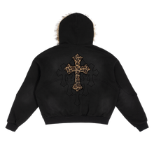 Load image into Gallery viewer, Black Sun Fade Boxy Hoodie With Detachable Fur Hood Cotton 360 GSM DTG Print
