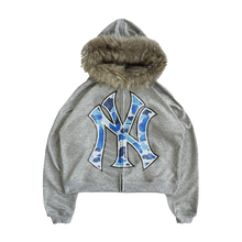 Load image into Gallery viewer, Blue Fur Trim Zip Up Hoodie Unisex Cropped Streetwear Sweatshirt 400 GSM Cotton Limited Edition