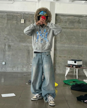 Load image into Gallery viewer, Blue Fur Trim Zip Up Hoodie Unisex Cropped Streetwear Sweatshirt 400 GSM Cotton Limited Edition
