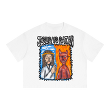 Load image into Gallery viewer, Jesus Vs Satan Streetwear Tee Y2k T-Shirt White Boxy Cropped 250GSM Summer Short Sleeve Crew Neck
